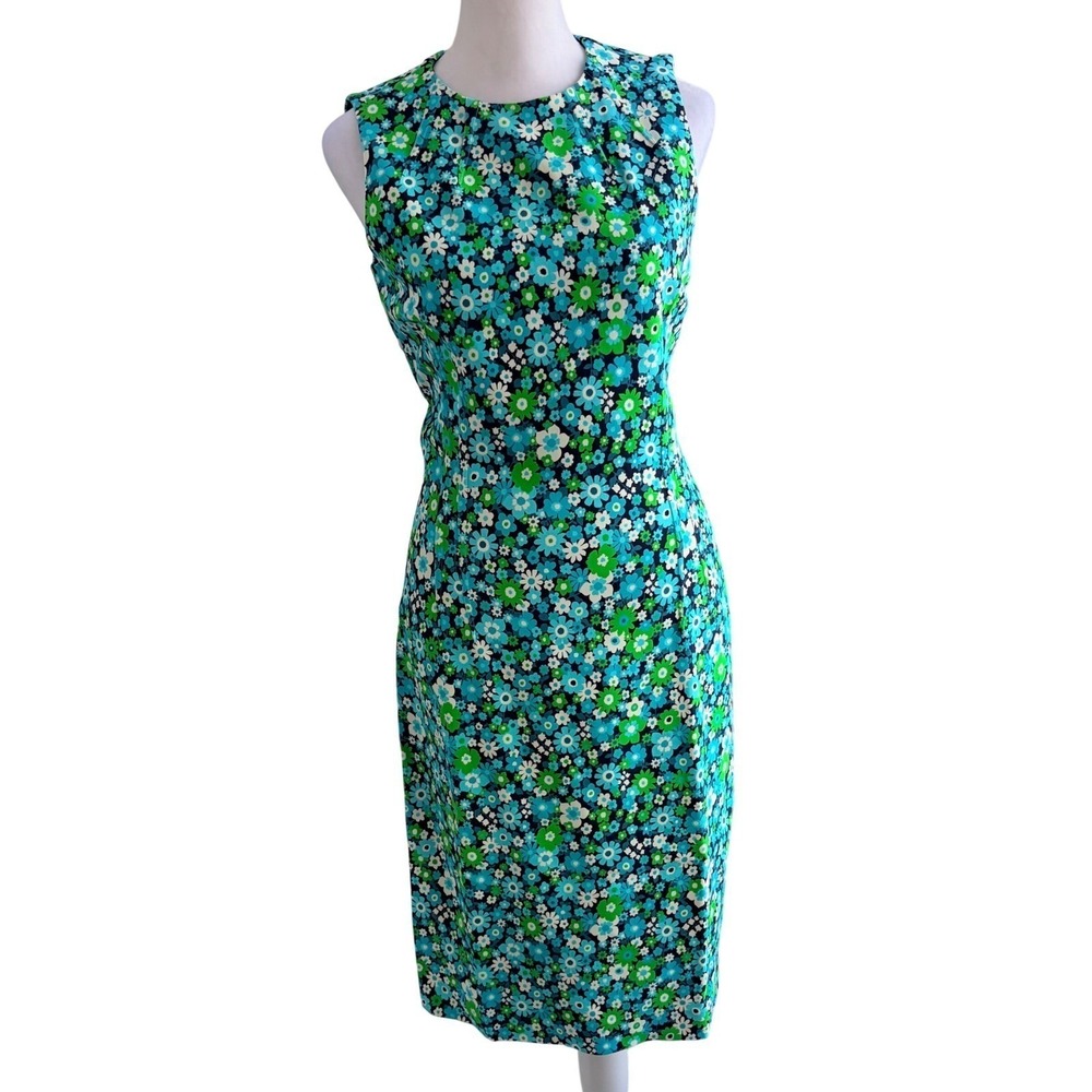 Michael Kors Collection Floral Print Knee-Length Sheath Dress Blue Green Size 6‎